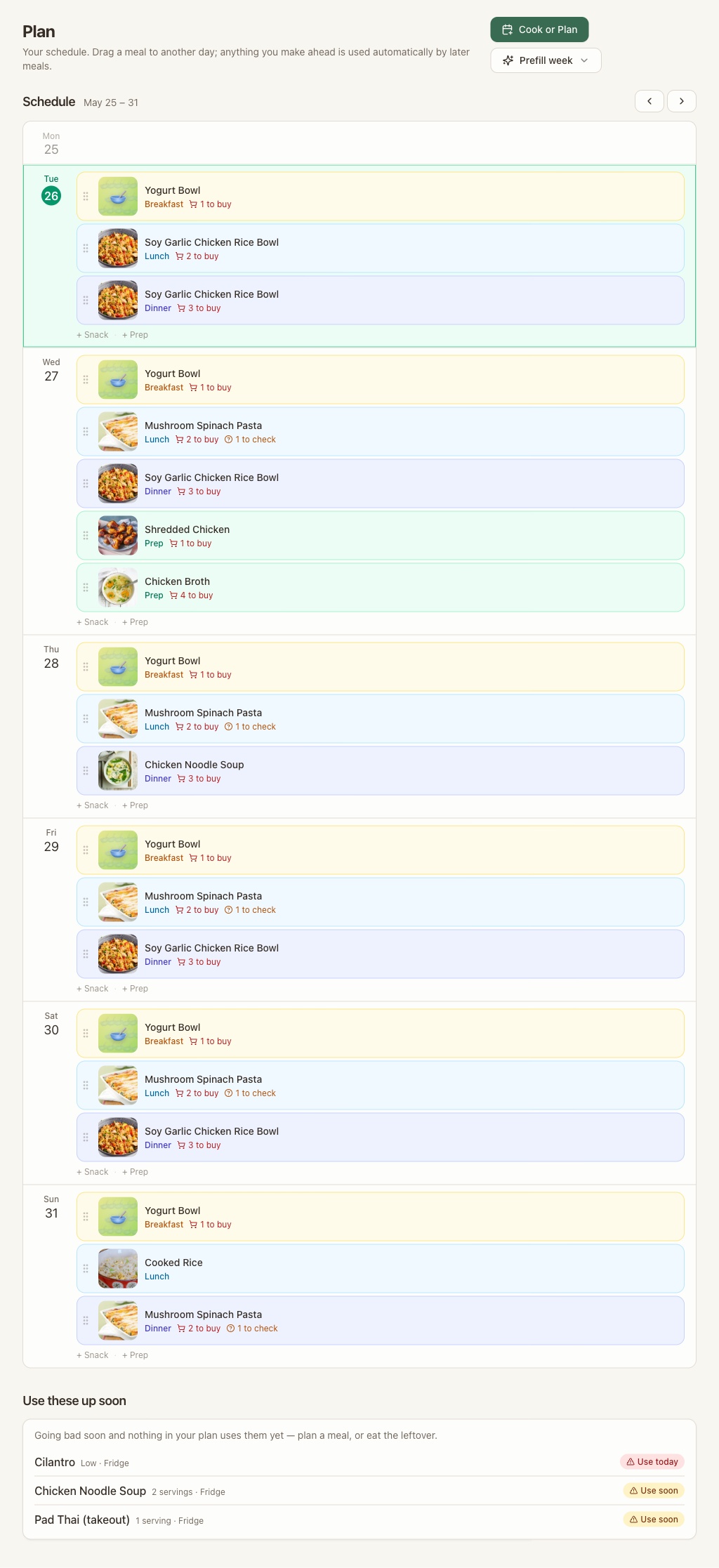 A full week of meals planned in Save for Dinner — breakfast, lunch and dinner across every day, each tagged with why it was chosen.